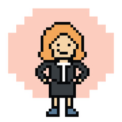 Fototapeta premium Cartoon cute pixel cartoon 8bit character business woman office smart work game for decoration business 8 bit female lady teacher businesswoman career smart character game 8bit png vector.