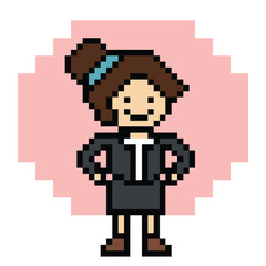 Fototapeta premium Cartoon cute pixel cartoon 8bit character business woman office smart work game for decoration business 8 bit female lady teacher businesswoman career smart character game 8bit png vector.