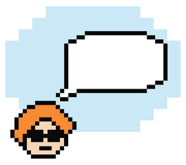 Obraz premium Cartoon pixel cute character man face with chat box blank decoration 8 bit male boy say speak discuss idea chat box cartoon pixel 8bit game png vector.