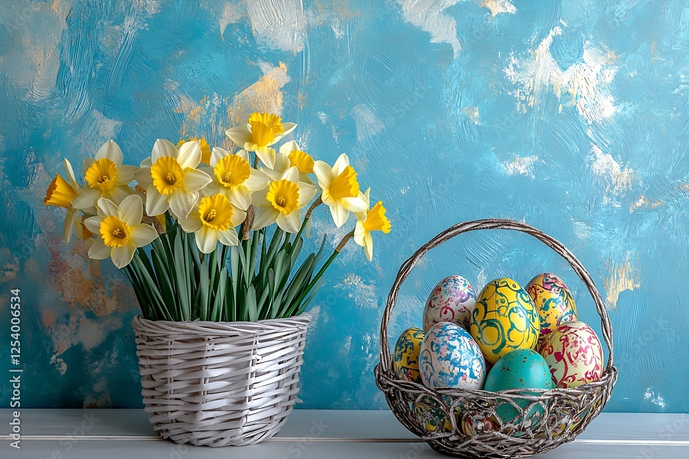 Aufkleber vibrant daffodils and colorful easter eggs on a bright turquoise background : generative ai