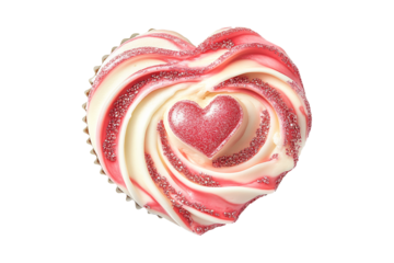 Chocolate cupcake with heart shaped design, pink and white frosting, glitter sprinkles isolated on white background.