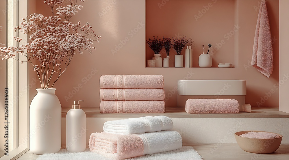 Aufkleber Beautifully arranged towels and delicate decor elements in a soft and inviting bathroom space : Generative AI
