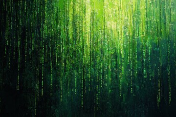 Cascading green numbers and symbols create a digital matrix background reminiscent of futuristic environments