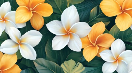 A vibrant arrangement of white and yellow tropical flowers nestled among lush green leaves, perfect for nature-related projects, floral designs, or as a backdrop for invitations,