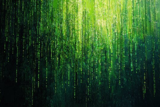 Cascading green numbers and symbols create a digital matrix background reminiscent of futuristic environments