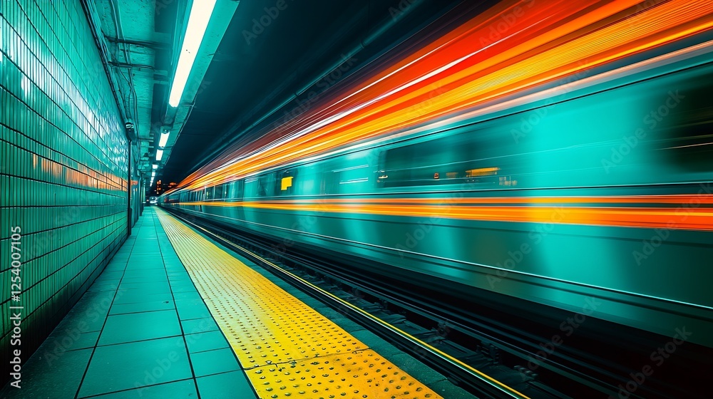 Aufkleber vibrant visual of a moving train departing a subway station with striking colors : generative ai