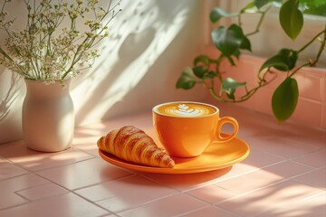 Morning delight coffee and croissant at home cozy interior lifestyle natural light