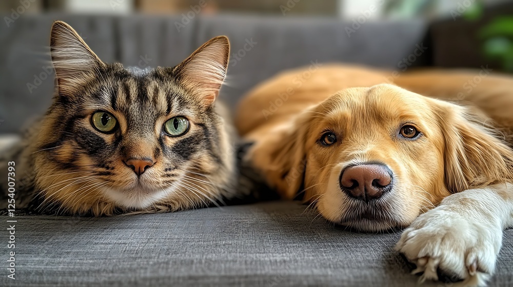 Poster adorable cat and dog lying together on a couch relaxing in cozy indoor setting : generative ai