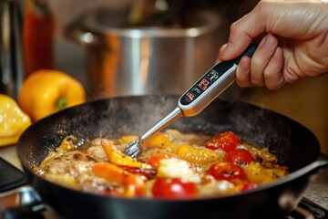 Cook checks dish temperature with digital thermometer for perfect cooking results