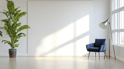 Bright minimalist studio with large windows, plant, and blue chair