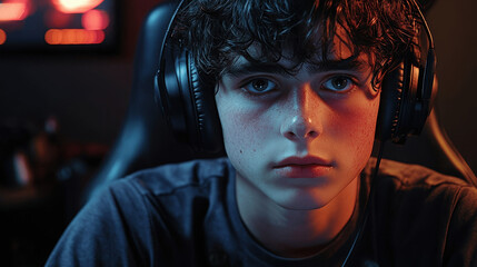 Focused young gamer immersed in an online gaming session during the night hours at home