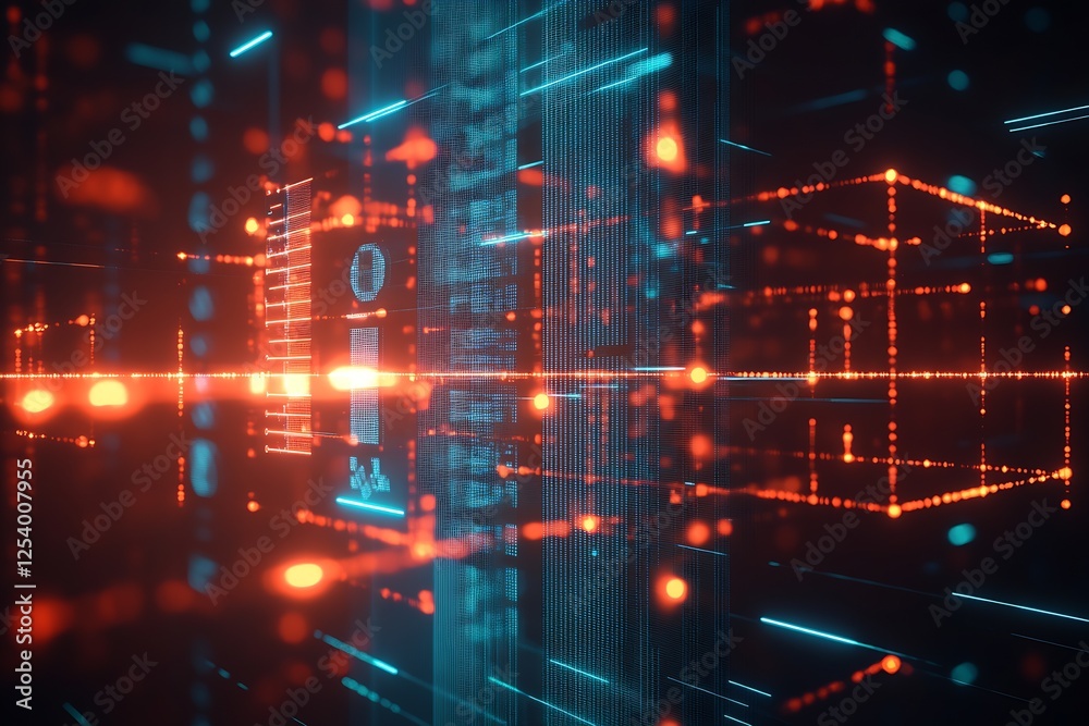 Poster Dynamic futuristic digital landscape showing illuminated lines and cubes representing complex data interactions : Generative AI