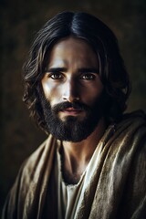 Striking close-up portrait of a man with dark flowing hair and a thoughtful expression dressed in historical attire : Generative AI