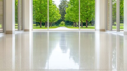 Fototapeta premium Modern building interior, large windows, green park view, glossy floor, empty space