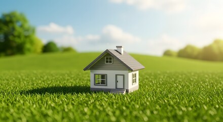small model house on the outdoor grass, sunshine light, real state concept, banner, copy space