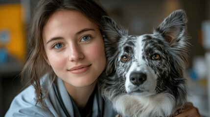 Young woman smiles while posing with her beloved dog 