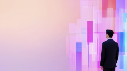 business analyst standing in front of colorful data visualizations, contemplating insights