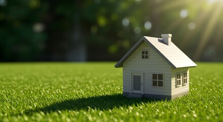 small model house on the outdoor grass, sunshine light, real state concept, banner, copy space