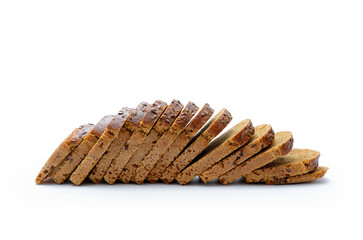 Sliced loaf of rye bread on white background