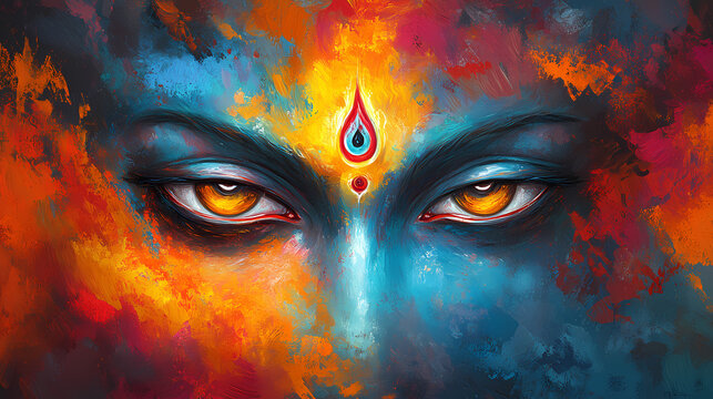 A portrayal in abstract form of lord shiva's mystical third eye, the hindu deity embodying wisdom, knowledge, and the demolition of ignorance. the vibrant. Abstract Deities. Illustration