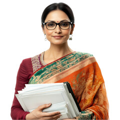 Confident Indian Female Teacher Holding Papers Isolated, AI Generated  .