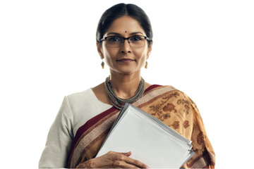 Elegant Indian Female Professor Holding Documents Isolated, AI Generated  .