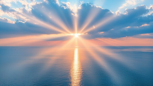 Sun rays burst through clouds over calm ocean; serene sunrise scene