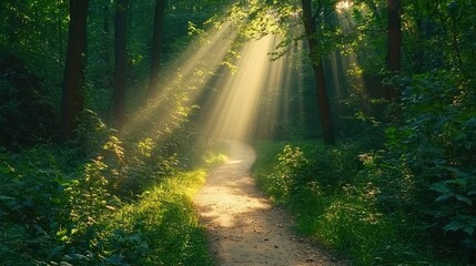Sunbeams illuminate forest path, nature scene