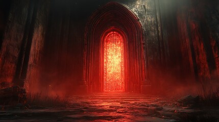 Infernal cathedral doors with an unholy glow and arcane inscriptions