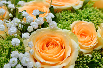 Bouquet of fresh roses with white gypsophila flowers