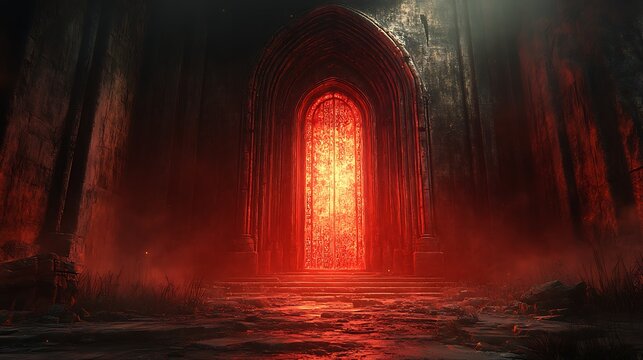 Infernal cathedral doors with an unholy glow and arcane inscriptions