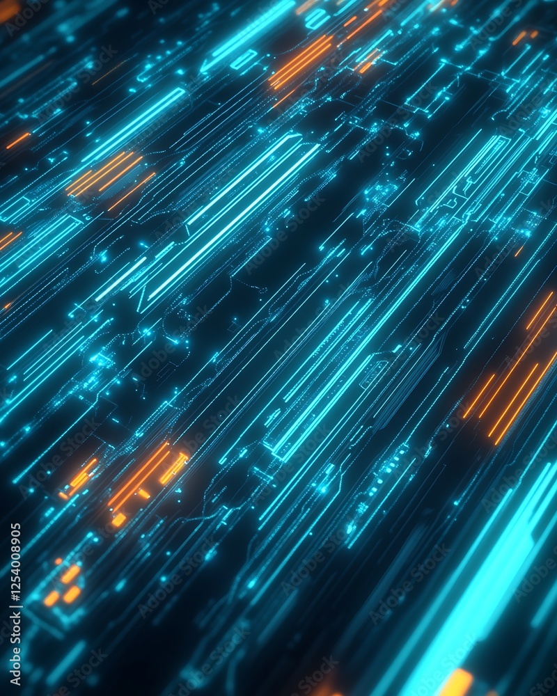 Poster Futuristic abstract digital background with glowing blue and orange lines in a seamless pattern : Generative AI