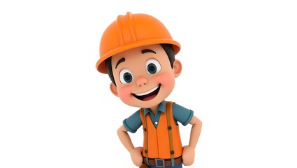 Cartoon character of worker smiling wearing orange helmet on white background, labor day, copy space