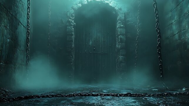 Massive doorway covered in chains with unnatural shadows shifting behind it