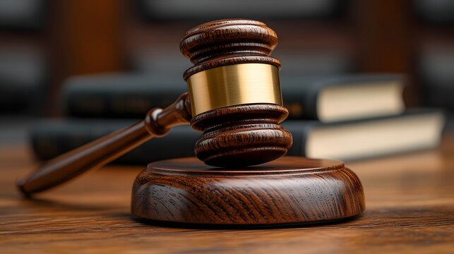 Gavel rests on wooden sound block near law books