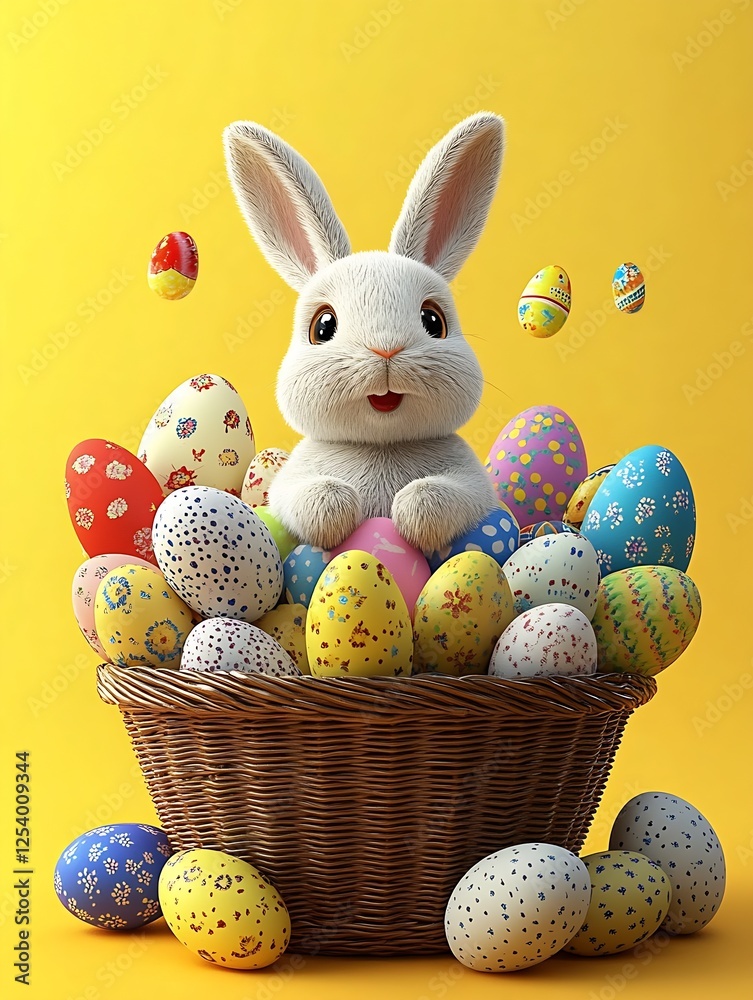 Poster happy fluffy bunny with a big smile surrounded by colorful easter eggs jumping out of a woven basket