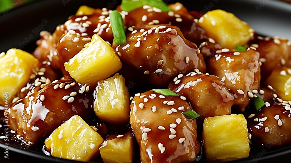 Poster close up of exquisite sweet and sour chicken with pineapple garnish and sesame seed topping : genera