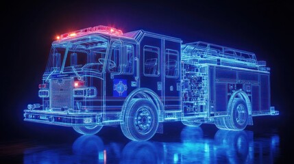 Digital Wireframe Firetruck: Emergency Vehicle in Neon Blue