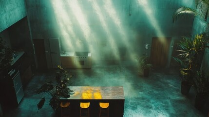 Sunbeams illuminate modern kitchen, plants, atrium