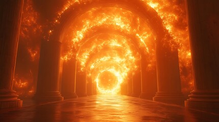 Fototapeta premium Endless corridor leading to a blinding fiery gate with swirling energy