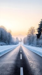 In the early morning, there is heavy snow on the mountains and forests in the distance
