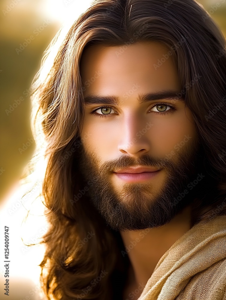 Poster intimate close-up of a young man's face with long hair and a gentle smile bringing tranquility to th