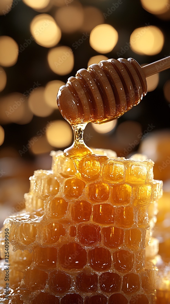 Poster close-up of honey dripping from a wooden spoon over a glorious honeycomb : generative ai