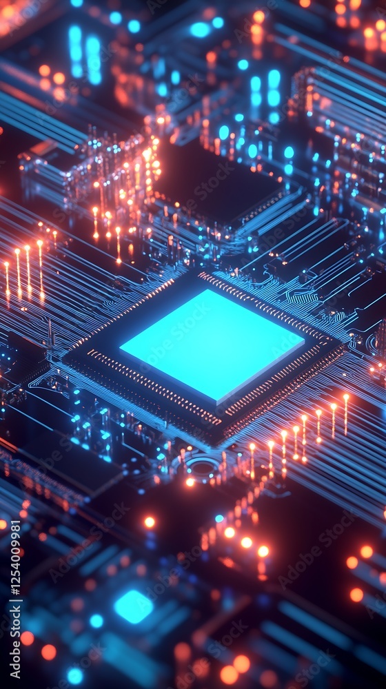 Poster Stunning macro view of a computer circuit board with bright neon lights and advanced microchip design : Generative AI