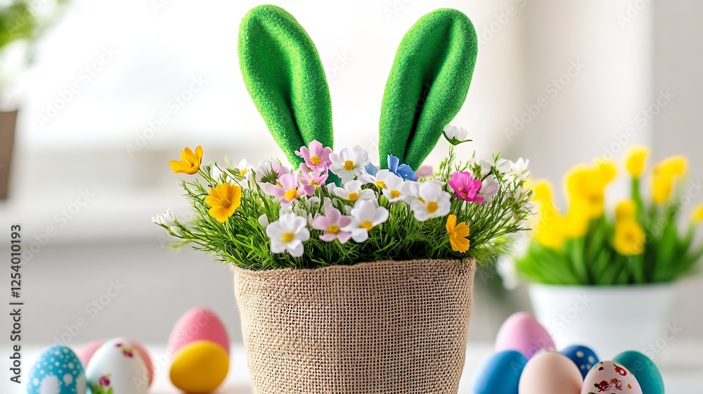 Aufkleber charming easter display featuring a green bunny ears planter filled with vibrant flowers and colorfu
