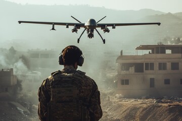 Military drones conduct surveillance operations over active conflict area for real-time intelligence gathering