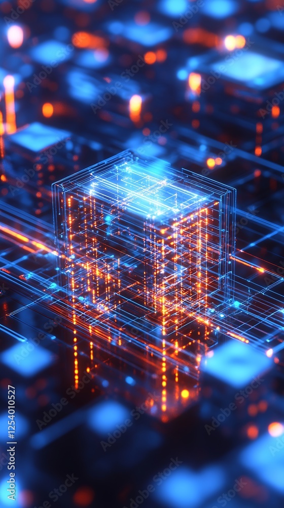Poster Abstract Digital Art of 3D Cubes Illuminated with Bright Colors on a High-Tech Background : Generative AI