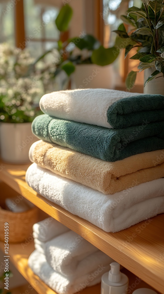 Aufkleber colorful towels stacked neatly on a wooden shelf surrounded by natural decor elements : generative a