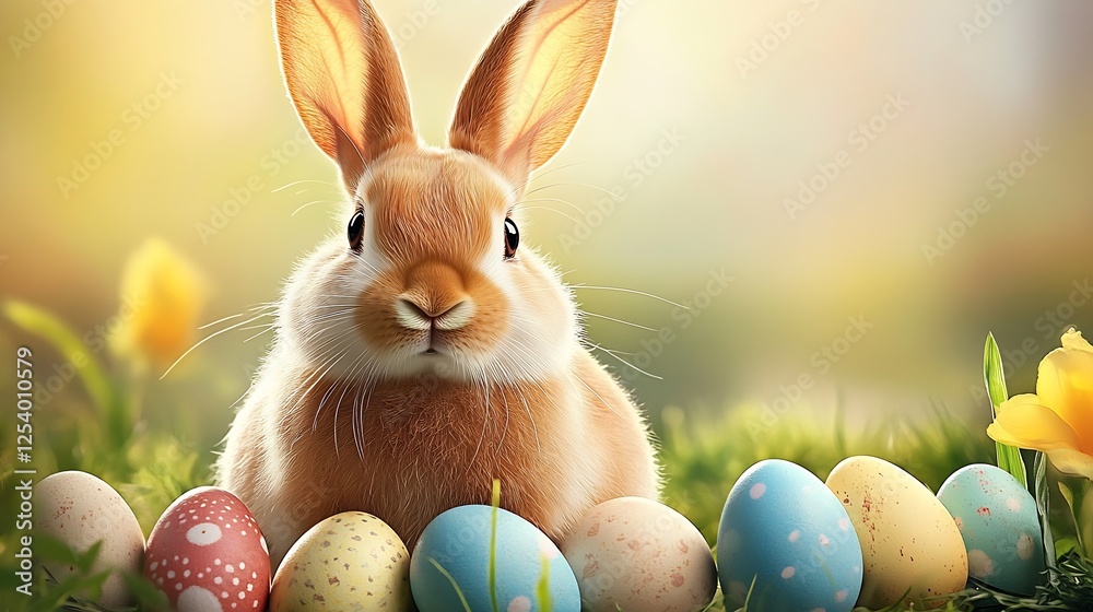 Poster charming rabbit posing with a variety of decorated easter eggs in a sunny garden environment : gener
