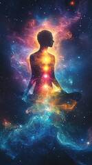 Fototapeta premium A glowing silhouette of a meditating person, each chakra illuminated in radiant colors. The figure is surrounded by flowing energy waves